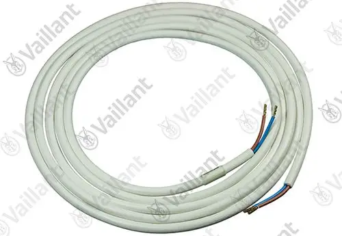 Weißes Kabel, in Schlaufen gewickelt, mit zwei Drähten in Blau und Braun an einem Ende. Marke Vaillant sichtbar auf dem Material.
